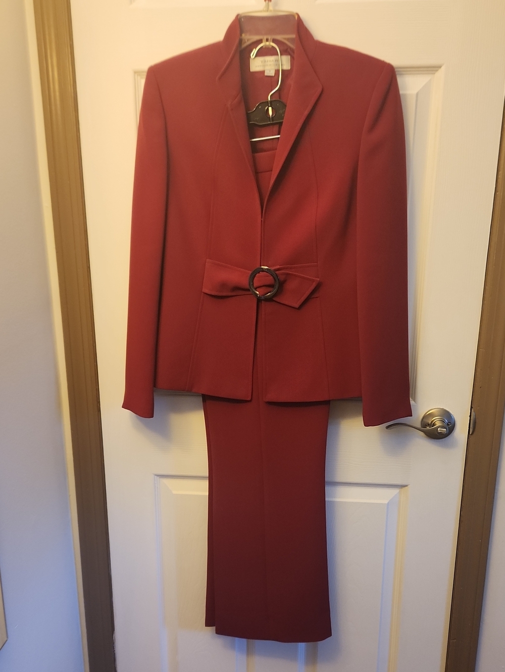 Women's Red Tailored Jacket and Pant Suit with Belt Accent